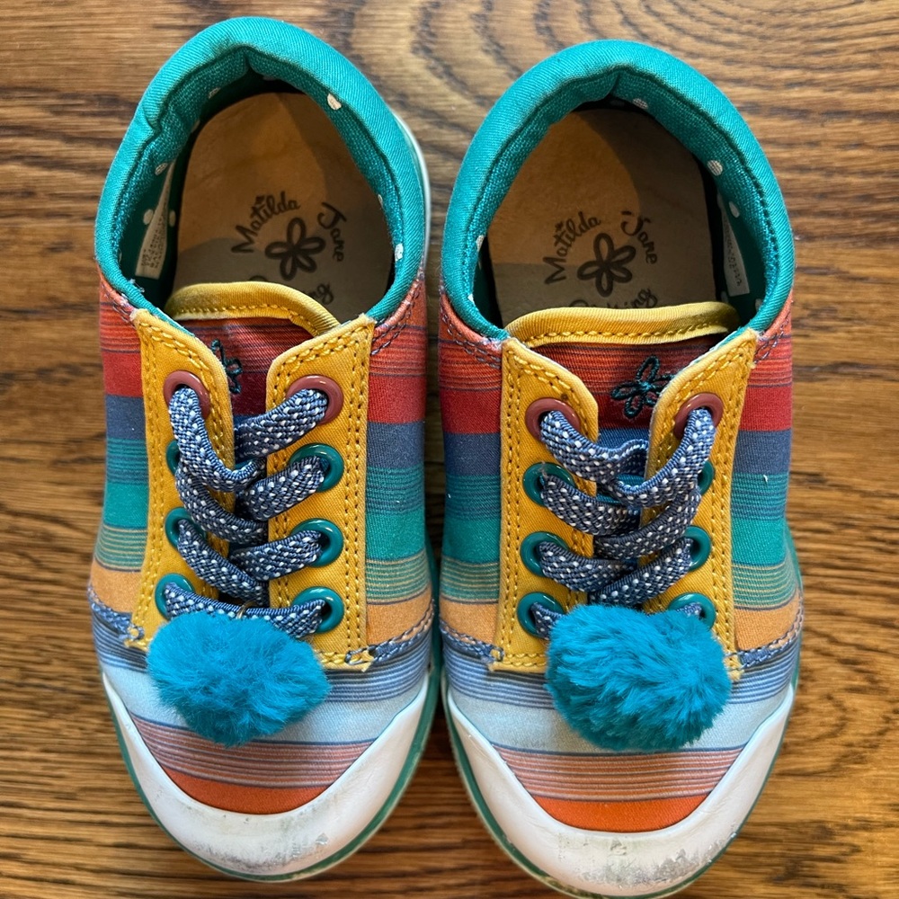 Matilda Jane Girls Teal Striped Pom Pom Sneakers Size 7 - Picture 4 of 11
